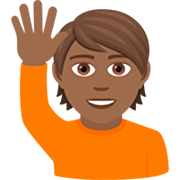 🙋🏾 Emoji Person mit erhobenem Arm: mitteldunkle Hautfarbe JoyPixels 7.0.