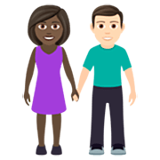 👩🏿‍🤝‍👨🏻 Emoji Mann und Frau halten Hände: dunkle Hautfarbe, helle Hautfarbe JoyPixels 7.0.