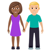👩🏾‍🤝‍👨🏼 Emoji Mann und Frau halten Hände: mitteldunkle Hautfarbe, mittelhelle Hautfarbe JoyPixels 7.0.