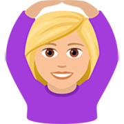 🙆🏼‍♀️ Emoji Frau mit Händen auf dem Kopf: mittelhelle Hautfarbe JoyPixels 7.0.