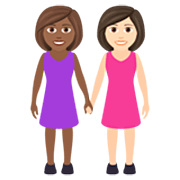 👩🏾‍🤝‍👩🏻 Emoji händchenhaltende Frauen: mitteldunkle Hautfarbe, helle Hautfarbe JoyPixels 7.0.