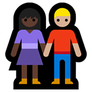👩🏿‍🤝‍👨🏼 Emoji Mann und Frau halten Hände: dunkle Hautfarbe, mittelhelle Hautfarbe Microsoft Windows 10 May 2019 Update.