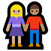 Émoji 👩🏼‍🤝‍👨🏽 Femme Et Homme Se Tenant La Main : Peau Moyennement Claire Et Peau Légèrement Mate sur Microsoft Windows 10 May 2019 Update.