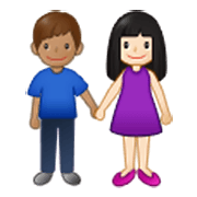 👩🏻‍🤝‍👨🏽 Emoji Mann und Frau halten Hände: helle Hautfarbe, mittlere Hautfarbe Samsung One UI 3.1.1.