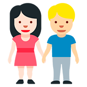 👩🏻‍🤝‍👨🏼 Emoji Mann und Frau halten Hände: helle Hautfarbe, mittelhelle Hautfarbe Twitter Twemoji 12.0.
