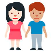 👩🏻‍🤝‍👨🏽 Emoji Mann und Frau halten Hände: helle Hautfarbe, mittlere Hautfarbe Twitter Twemoji 12.0.
