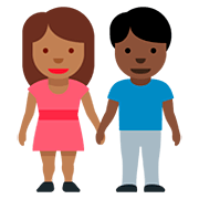 👩🏾‍🤝‍👨🏿 Emoji Mann und Frau halten Hände: mitteldunkle Hautfarbe, dunkle Hautfarbe Twitter Twemoji 12.0.