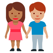 👩🏾‍🤝‍👨🏽 Emoji Mann und Frau halten Hände: mitteldunkle Hautfarbe, mittlere Hautfarbe Twitter Twemoji 12.0.