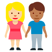 👩🏼‍🤝‍👨🏾 Emoji Mann und Frau halten Hände: mittelhelle Hautfarbe, mitteldunkle Hautfarbe Twitter Twemoji 12.0.