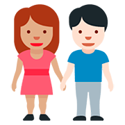 👩🏽‍🤝‍👨🏻 Emoji Mann und Frau halten Hände: mittlere Hautfarbe, helle Hautfarbe Twitter Twemoji 12.0.