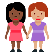 👩🏿‍🤝‍👩🏽 Emoji Duas Mulheres De Mãos Dadas: Pele Escura E Pele Morena na Twitter Twemoji 12.0.