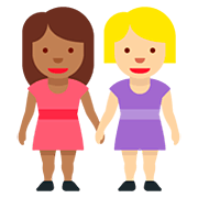 👩🏾‍🤝‍👩🏼 Emoji Mujeres De La Mano: Tono De Piel Oscuro Medio Y Tono De Piel Claro Medio en Twitter Twemoji 12.0.