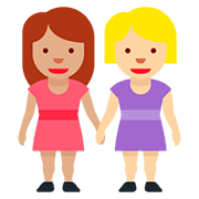 👩🏽‍🤝‍👩🏼 Emoji händchenhaltende Frauen: mittlere Hautfarbe, mittelhelle Hautfarbe Twitter Twemoji 12.0.