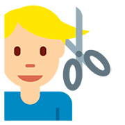 💇🏼‍♂️ Emoji Mann beim Haareschneiden: mittelhelle Hautfarbe Twitter Twemoji 12.1.3.