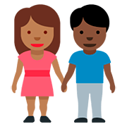 👩🏾‍🤝‍👨🏿 Emoji Mann und Frau halten Hände: mitteldunkle Hautfarbe, dunkle Hautfarbe Twitter Twemoji 12.1.3.
