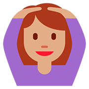 🙆🏽‍♀️ Emoji Frau mit Händen auf dem Kopf: mittlere Hautfarbe Twitter Twemoji 12.1.3.