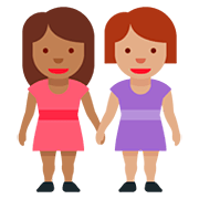 👩🏾‍🤝‍👩🏽 Emoji Duas Mulheres De Mãos Dadas: Pele Morena Escura E Pele Morena na Twitter Twemoji 12.1.3.