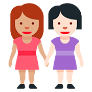 👩🏽‍🤝‍👩🏻 Emoji Duas Mulheres De Mãos Dadas: Pele Morena E Pele Clara na Twitter Twemoji 12.1.3.