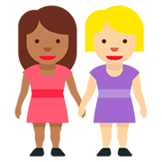 👩🏾‍🤝‍👩🏼 Emoji Duas Mulheres De Mãos Dadas: Pele Morena Escura E Pele Morena Clara na Twitter Twemoji 12.1.