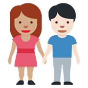 👩🏽‍🤝‍👨🏻 Emoji Mann und Frau halten Hände: mittlere Hautfarbe, helle Hautfarbe Twitter Twemoji 13.0.1.