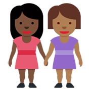 👩🏿‍🤝‍👩🏾 Emoji händchenhaltende Frauen: dunkle Hautfarbe, mitteldunkle Hautfarbe Twitter Twemoji 13.0.1.