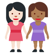 👩🏻‍🤝‍👩🏾 Emoji händchenhaltende Frauen: helle Hautfarbe, mitteldunkle Hautfarbe Twitter Twemoji 13.0.1.