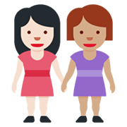 👩🏻‍🤝‍👩🏽 Emoji händchenhaltende Frauen: helle Hautfarbe, mittlere Hautfarbe Twitter Twemoji 13.0.1.