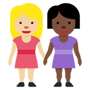👩🏼‍🤝‍👩🏿 Emoji händchenhaltende Frauen: mittelhelle Hautfarbe, dunkle Hautfarbe Twitter Twemoji 13.0.1.