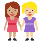 👩🏽‍🤝‍👩🏼 Emoji händchenhaltende Frauen: mittlere Hautfarbe, mittelhelle Hautfarbe Twitter Twemoji 13.0.1.