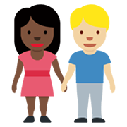 👩🏿‍🤝‍👨🏼 Emoji Mann und Frau halten Hände: dunkle Hautfarbe, mittelhelle Hautfarbe Twitter Twemoji 13.0.