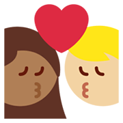 👩🏼‍❤️‍💋‍👨🏾 Emoji Beso - Mujer: Tono De Piel Claro Medio, Hombre: Tono De Piel Oscuro Medio en Twitter Twemoji 14.0.