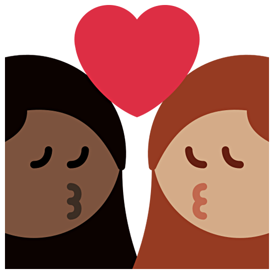 👩🏿‍❤️‍💋‍👩🏽 Emoji sich küssendes Paar - Frau: dunkle Hautfarbe, Frau: mittlere Hautfarbe Twitter Twemoji 15.0.