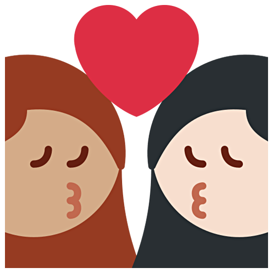 👩🏽‍❤️‍💋‍👩🏻 Emoji sich küssendes Paar - Frau: mittlere Hautfarbe, Frau: helle Hautfarbe Twitter Twemoji 15.0.