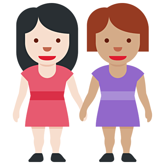 👩🏻‍🤝‍👩🏽 Emoji händchenhaltende Frauen: helle Hautfarbe, mittlere Hautfarbe Twitter Twemoji 15.0.