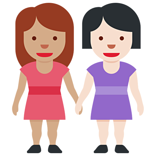 👩🏽‍🤝‍👩🏻 Emoji händchenhaltende Frauen: mittlere Hautfarbe, helle Hautfarbe Twitter Twemoji 15.0.