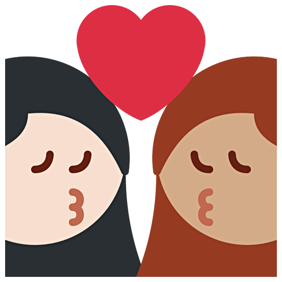 👩🏻‍❤️‍💋‍👩🏽 Emoji sich küssendes Paar - Frau: helle Hautfarbe, Frau: mittelhelle Hautfarbe Twitter Twemoji 15.0.