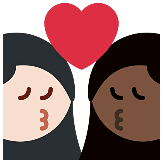 👩🏻‍❤️‍💋‍👩🏿 Emoji sich küssendes Paar - Frau, Frau: helle Hautfarbe, dunkle Hautfarbe Twitter Twemoji 15.0.