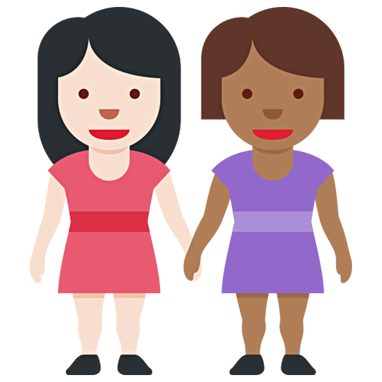 👩🏻‍🤝‍👩🏾 Emoji händchenhaltende Frauen: helle Hautfarbe, mitteldunkle Hautfarbe Twitter Twemoji 15.0.