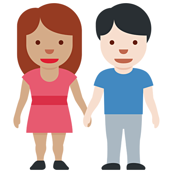 👩🏽‍🤝‍👨🏻 Emoji Mann und Frau halten Hände: mittlere Hautfarbe, helle Hautfarbe Twitter Twemoji 15.0.