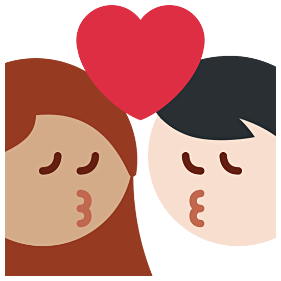 👩🏽‍❤️‍💋‍👨🏻 Emoji sich küssendes Paar - Frau: mittlere Hautfarbe, Mann: helle Hautfarbe Twitter Twemoji 15.0.