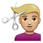 Émoji 💇🏼‍♂️ Homme Qui Se Fait Couper Les Cheveux : Peau Moyennement Claire sur WhatsApp 2.19.352.