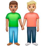 👨🏽‍🤝‍👨🏼 Emoji händchenhaltende Männer: mittlere Hautfarbe, mittelhelle Hautfarbe WhatsApp 2.23.2.72.